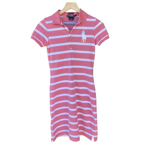 Ralph Lauren Dresses & Skirts - Ralph Lauren Sport Skinny Polo Dress Coral Pink White Striped Big Pony Size XS